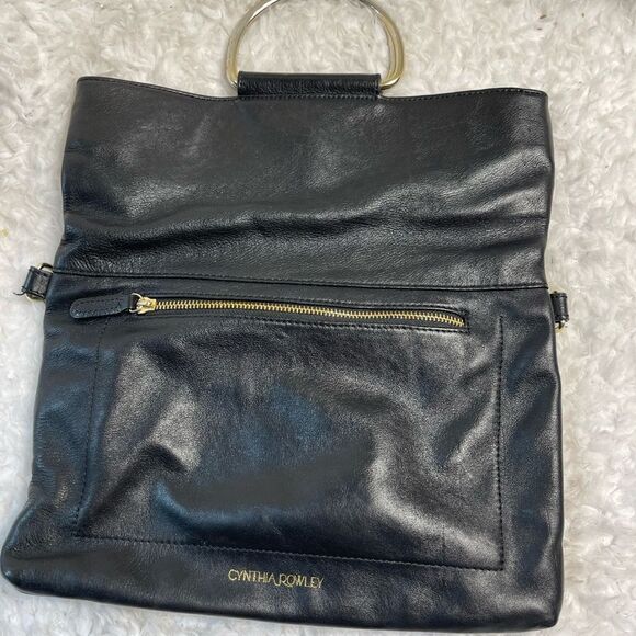CYNTHIA ROWLEY BLACK LEATHER CONVERTIBLE FOLD-OVER SATCHEL TOTE . - Picture 4 of 12